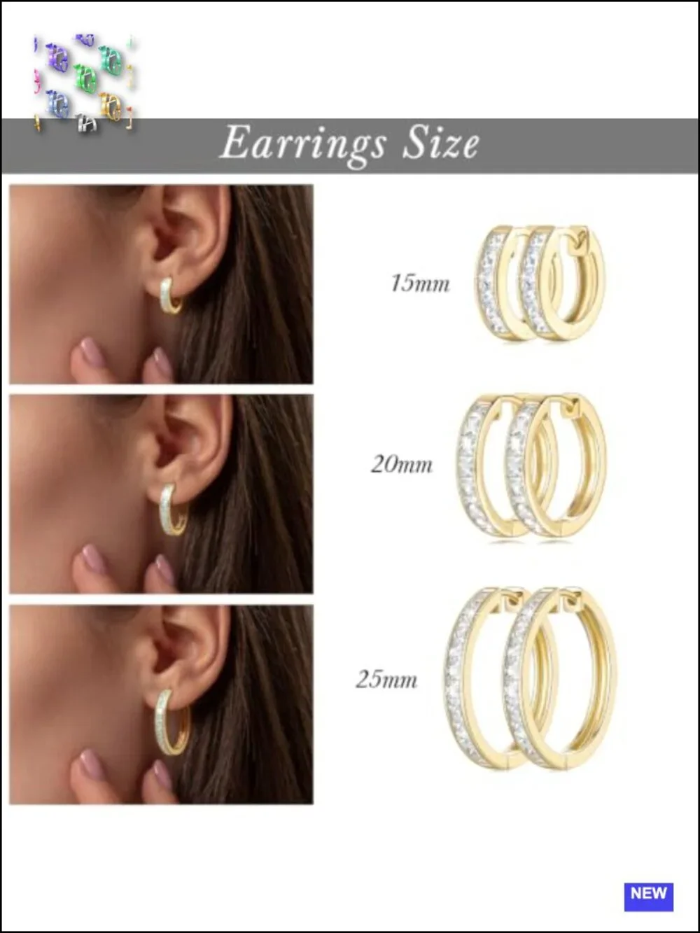 14K Gold Hoop Earrings for Women Princess Cut Cubic Zirconia Hoops 15/20/25mm